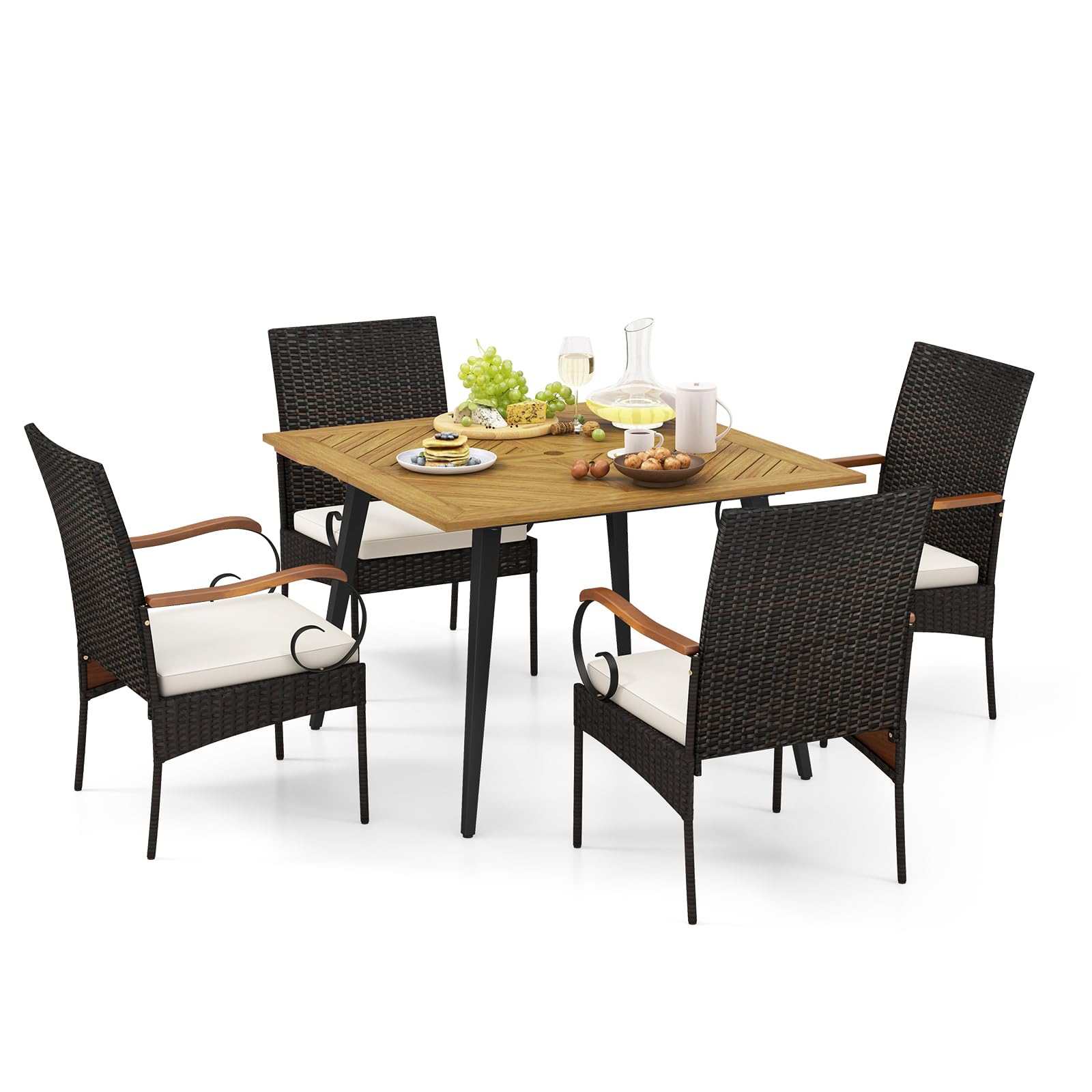 Tangkula Ensemble de salle à manger d'extérieur 5 pièces en rotin synthétique, table à manger carrée en bois d'acacia de 108 cm et chaises avec coussins